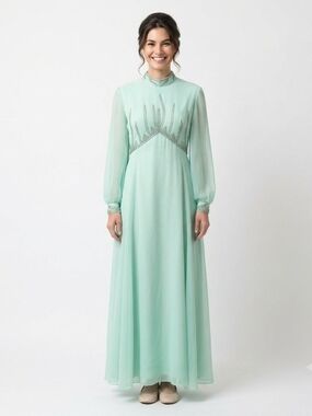 VTG 70s Elgin Mint Green Beaded Chiffon Maxi Dress Mock Neck Gown L XL